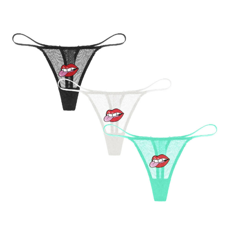Women Lace Panties Sexy See Through Low-Rise G-string Lip Stickers Thong 3Pcs