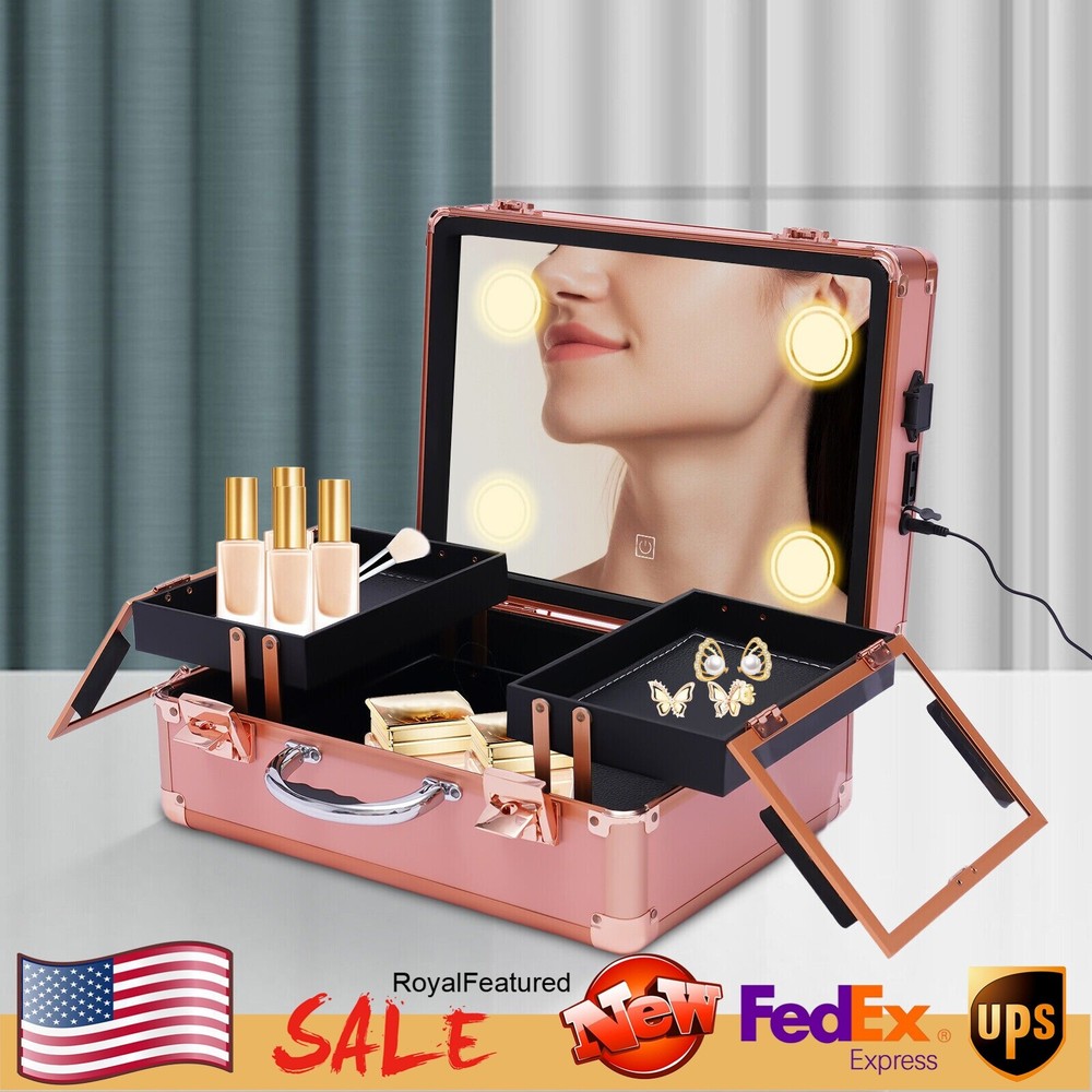 2-Layer Train Makeup Case with LED Mirror, Locks & Multifunction Organizer - Portable US Travel  