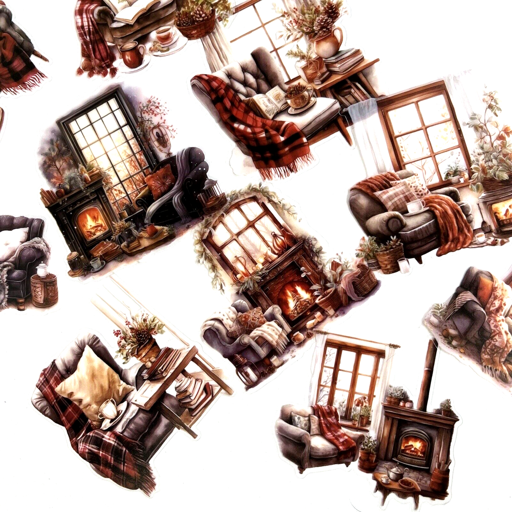 Cozy Chair Fireplace Cabin Stickers Scrapbooking Junk Journaling Collage