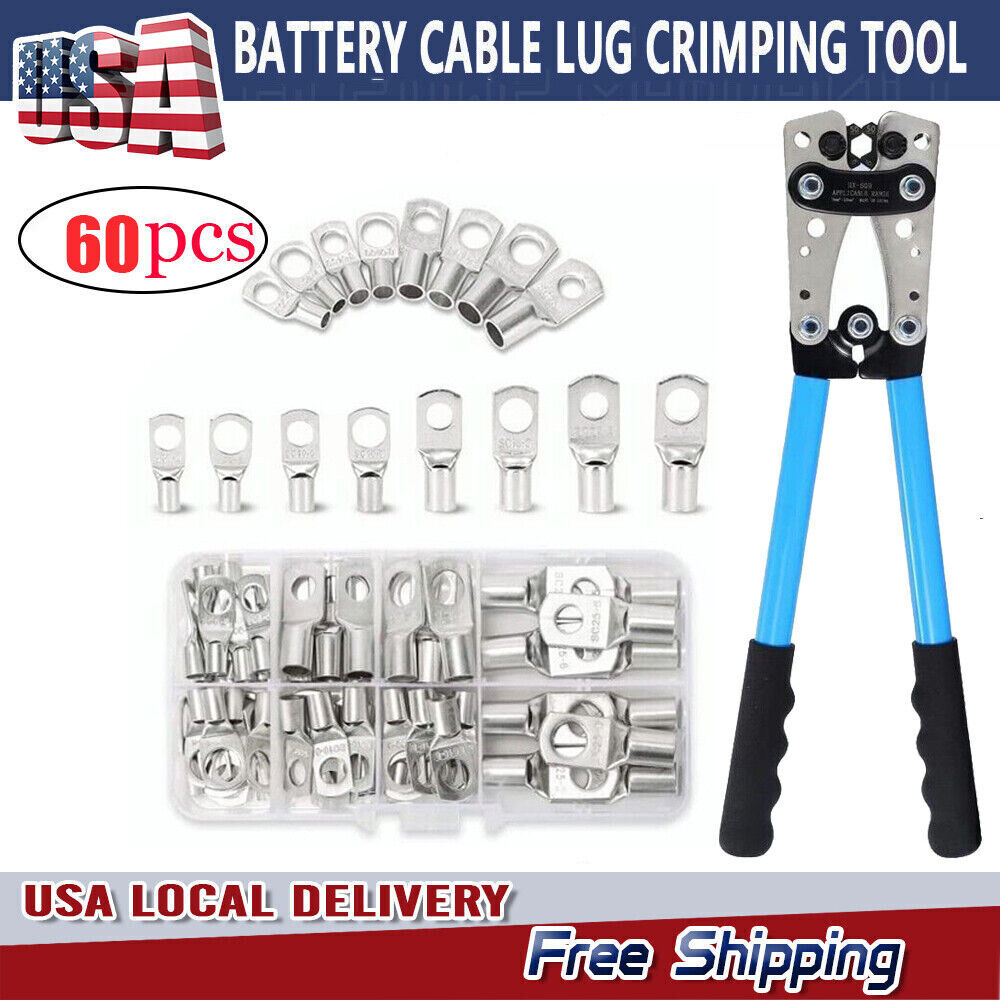 Battery Cable Lug Crimping Tool 10-1 AWG /W 60PC Copper Ring Terminal Heavy Duty