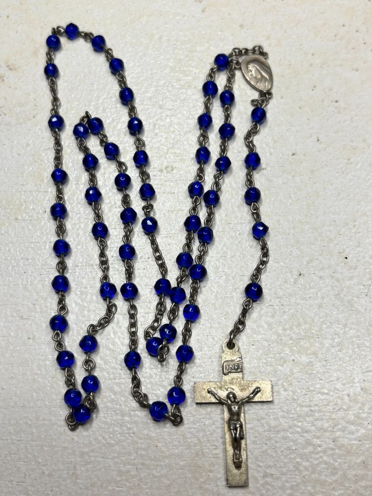 Vintage Sterling Silver Rosary with Cobalt Blue Glass Beads 19 Inch