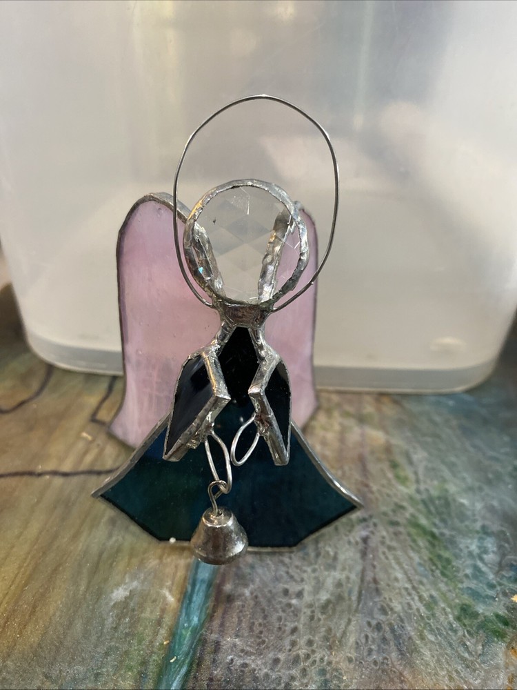 Pink And Green Stained Glass Angel Christmas Ornament With Bell 4”