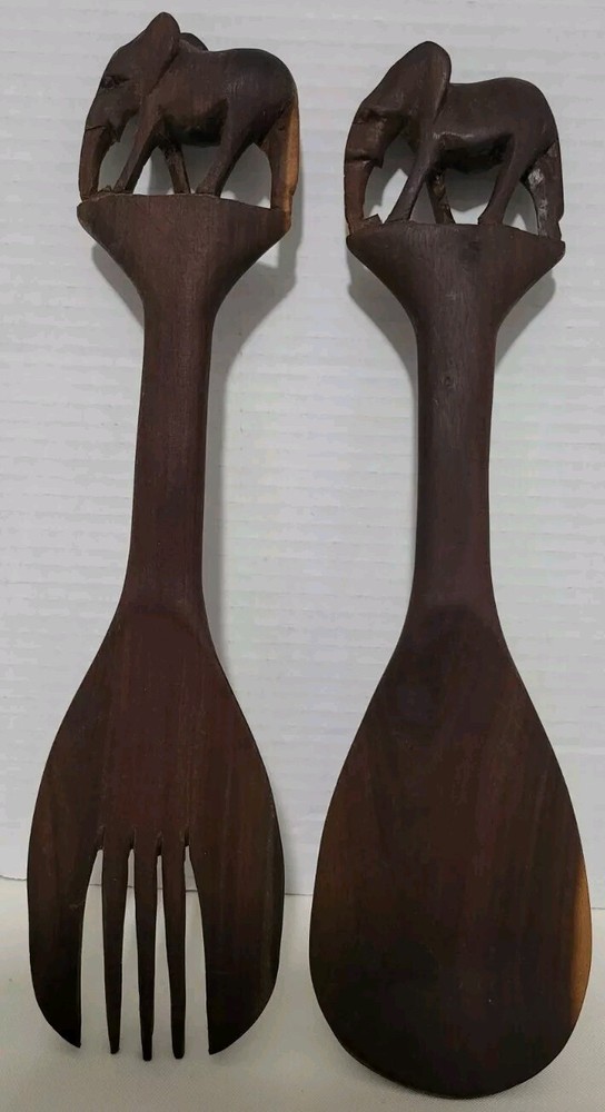 Hand-Carved Wooden Elephant Salad Serving Spoon and Fork 12.75”