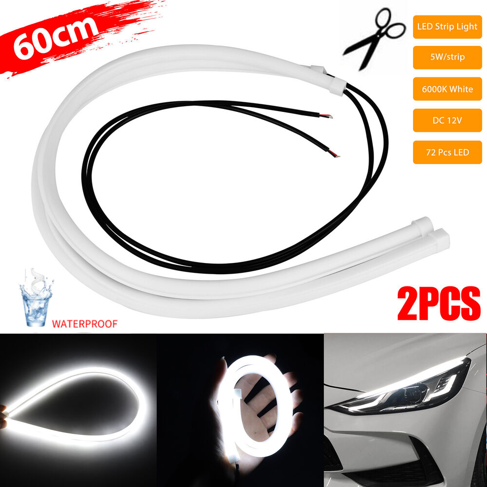 2PCS White 60cm Car Flexible Tube LED Strip Daytime Runnning DRL Light Headlight