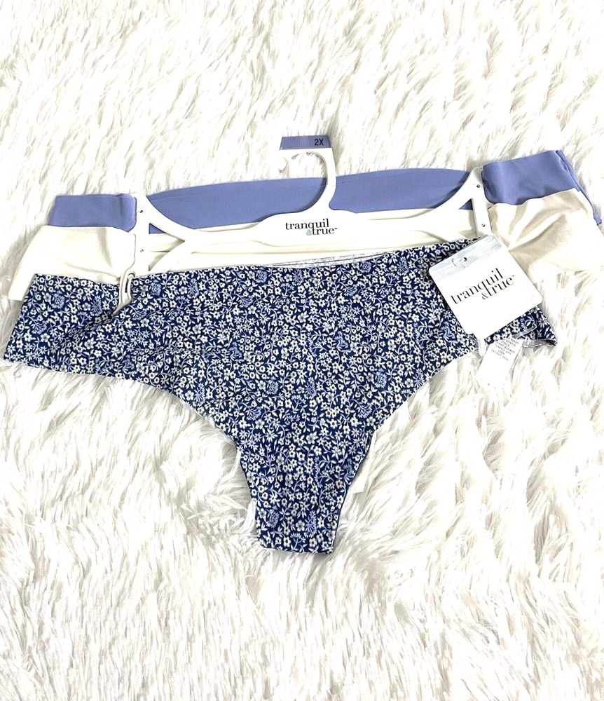 Tranquil & True Thong Underwear Women Size 1X 3X Blue Ivory Floral 3 Pack