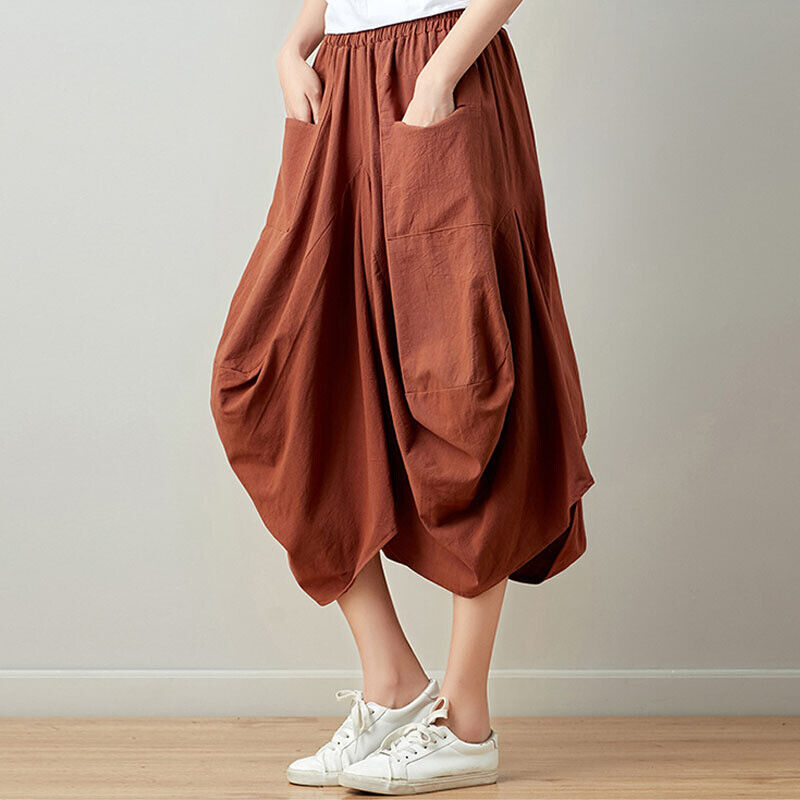 Women Cotton Linen Trousers Irregular Cropped Pants Bloomers