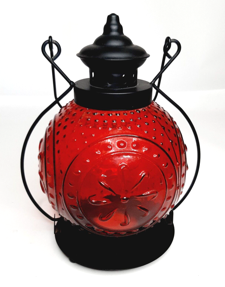 Exotic India Red Molded Glass Black Metal Hanging Lantern Round Candle Holder