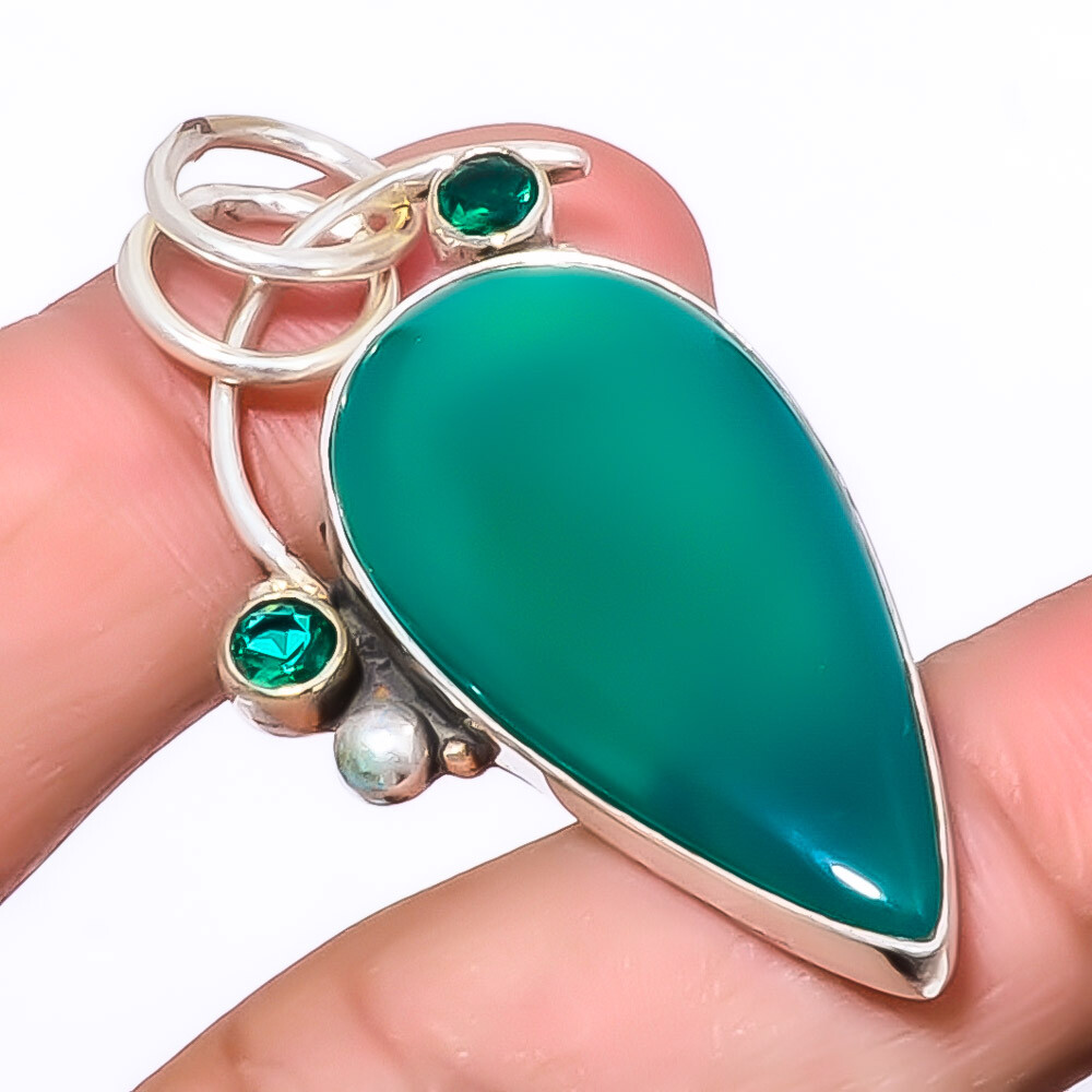 Green Onyx & Simulated Emerald 925 Sterling Silver Pendant 1.95in A323  