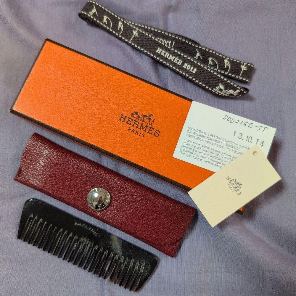 HERMES Portable Comb with Red Leather Case Black Near mint
