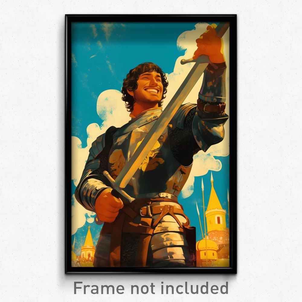 Vibrant Spanish Movie Poster Art Print - Joyful Adventurous Man with Shoulder Armor