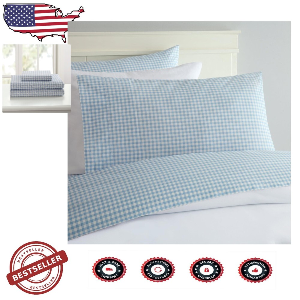 Elegant Blue Gingham Checkered Cotton Sheet Set - King Size - Machine Washable