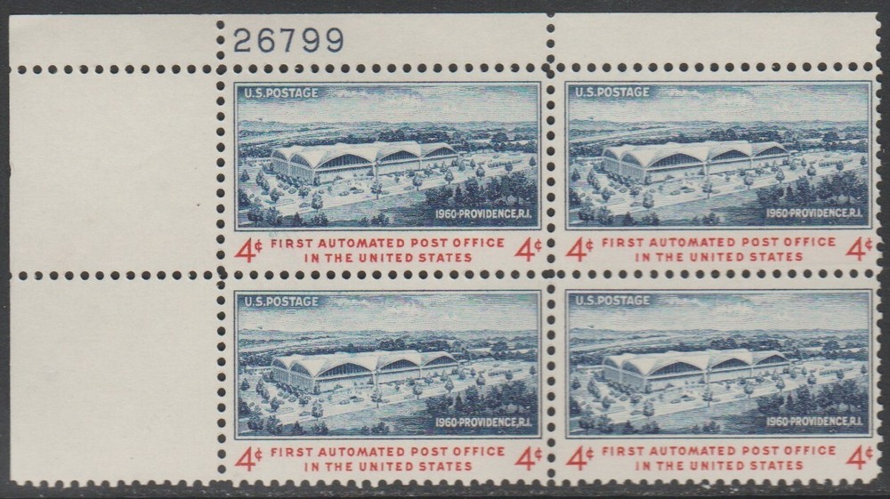 1960 First Automated Post Office 4c Scott 1164 Plate Block Commemorative Stamp-image