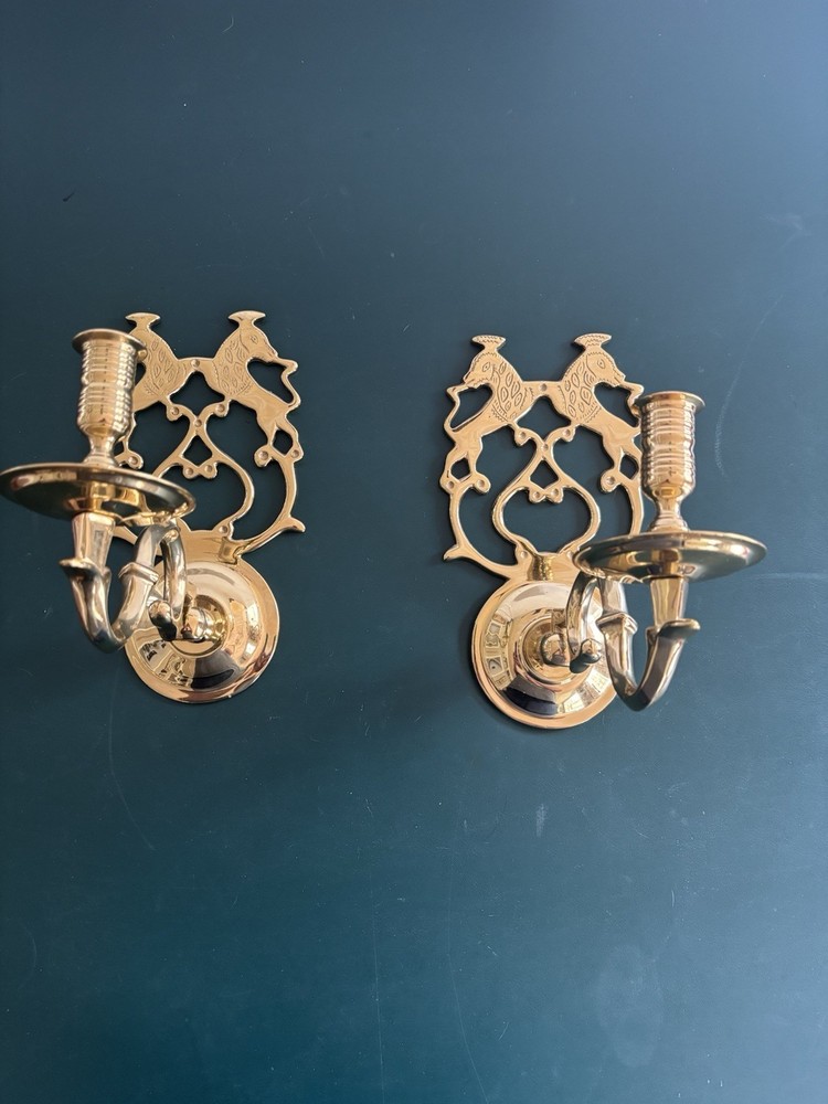 Virginia Metalcrafters Lions Chowing Tavern Brass Sconces Pair