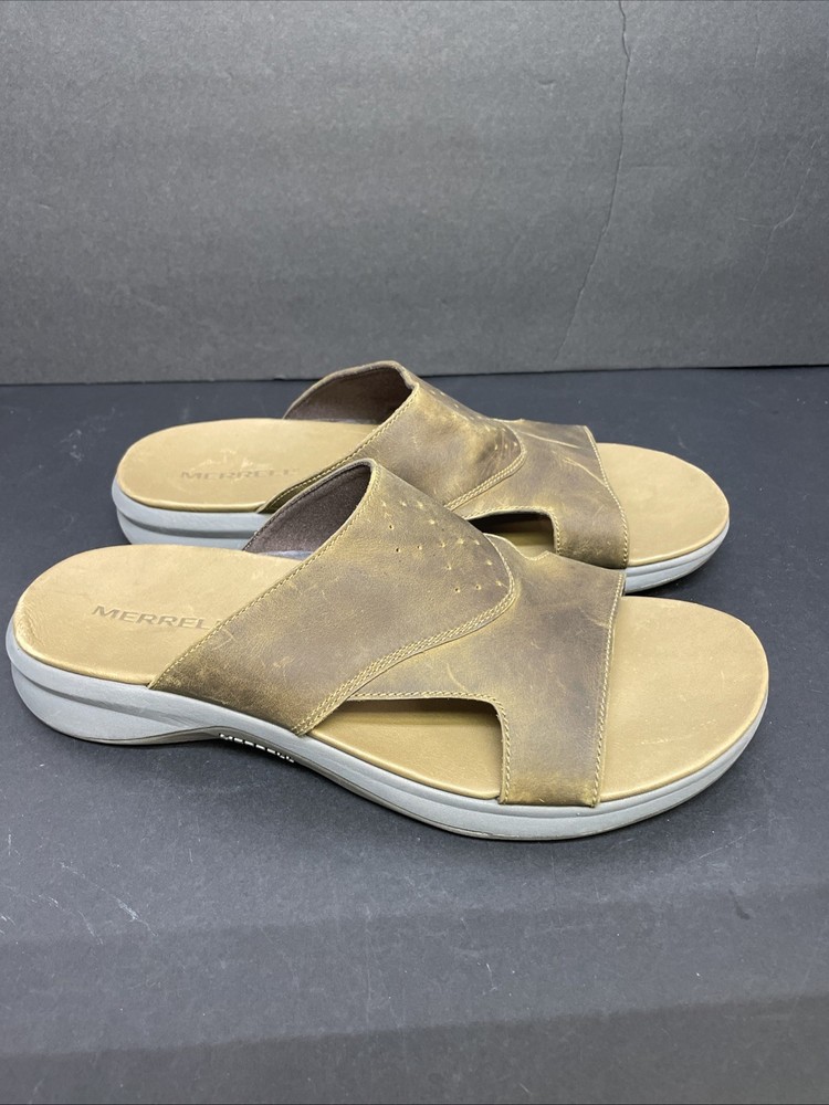 Merrell Mens Butternut Sandspur 2 Slides Size 9 Comfortable Leather Sandals NWOT
