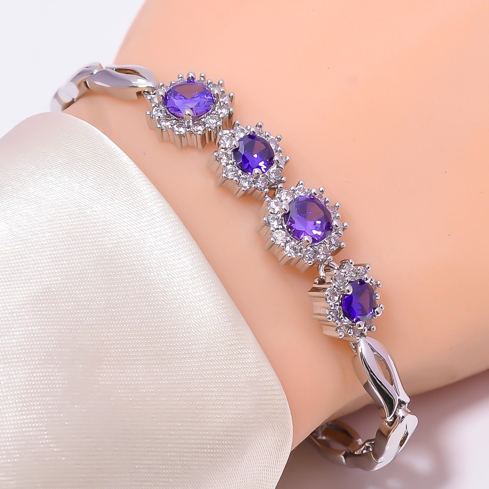 Iolite & Cubic Zirconia Gemstone 925 Sterling Silver Tennis Bracelet 7