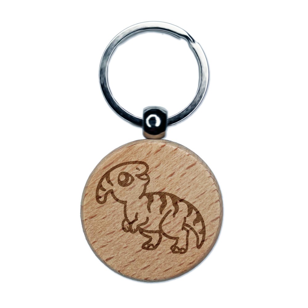Chibi Parasaurolophus Dinosaur Engraved Wood Round Keychain Tag Charm