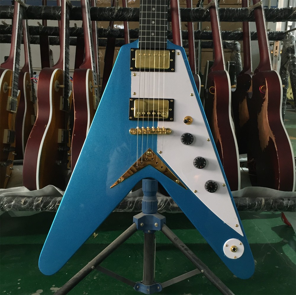 Flying V Blue Electric Guitar HH Pickups Mahogany Body&Neck String Thru Body