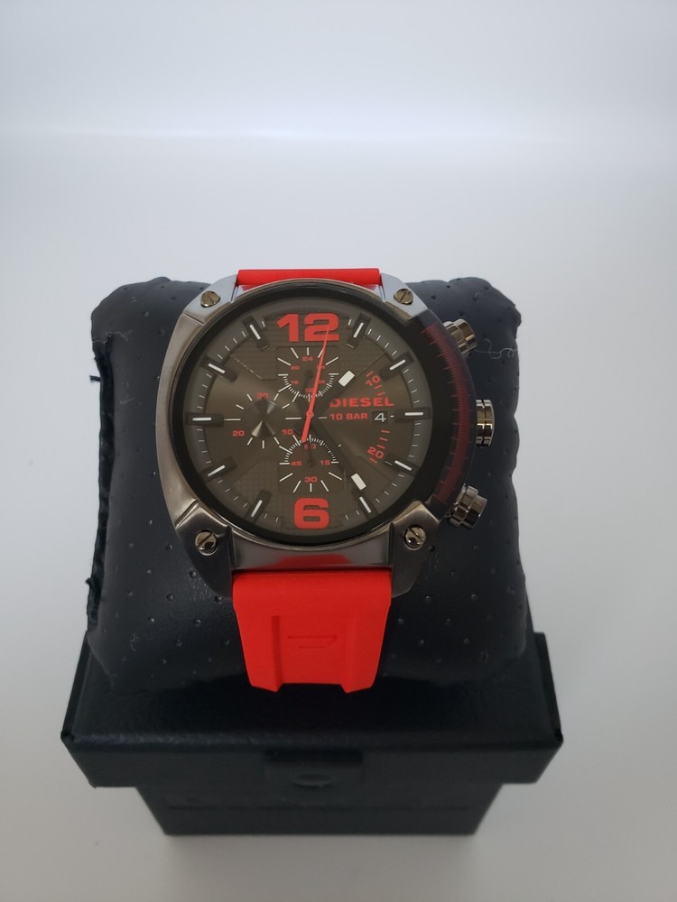 Diesel Mens Overflow Chronograph Gunmetal and Red Silicone 55mm Watch NIB DZ4481