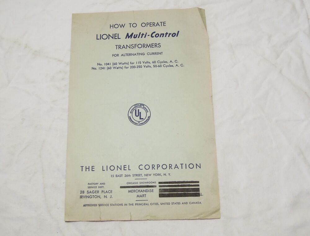 Lionel 1041 and 1241 Multi control transformer instructions form 1041-52 of 1-42