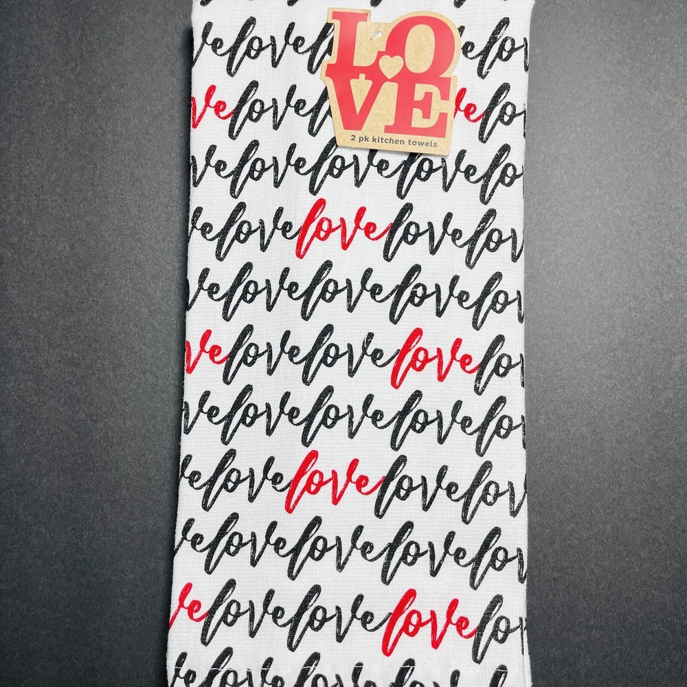 Valentine's Day 2-Pack Love Script Kitchen Towels in Red and White
