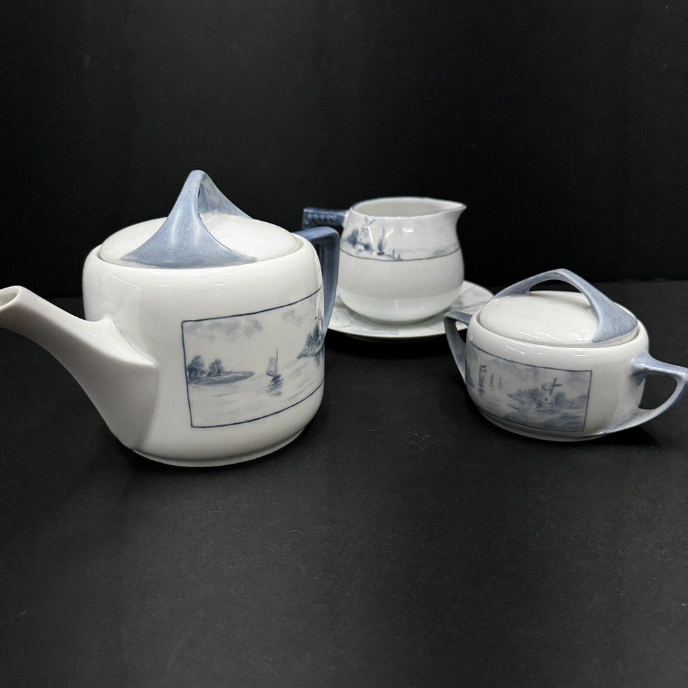 Rosenthal Donatello Tea Set Blue & White Windmills Pot, Sugar, Creamer & Lids