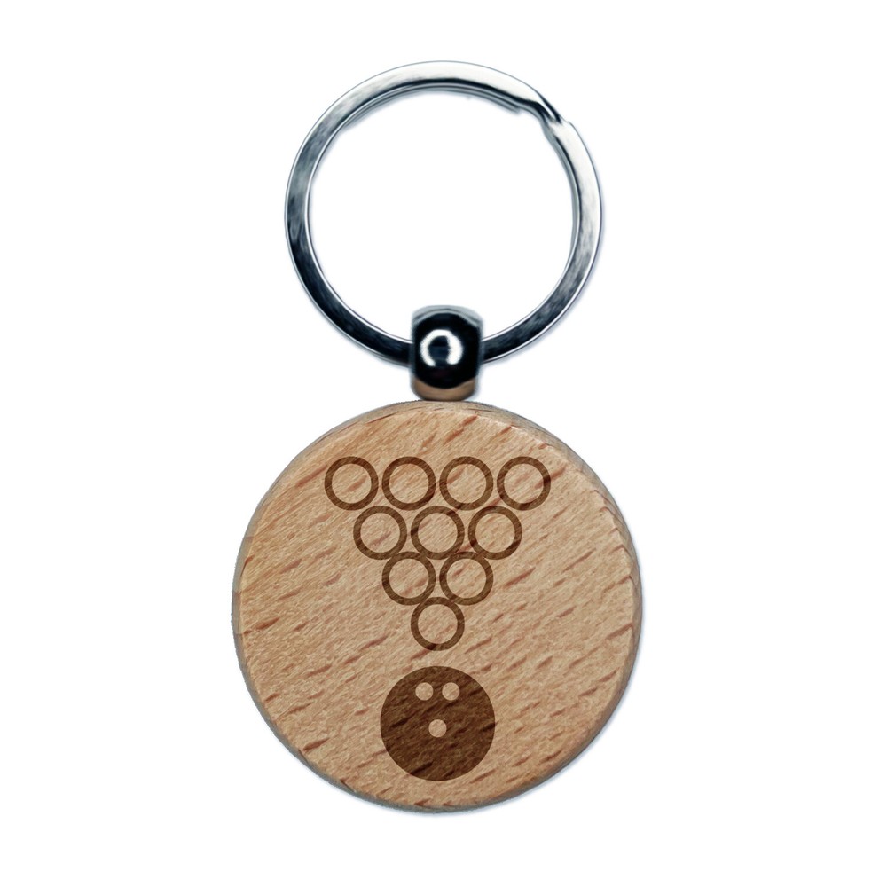 Bowling Ball Rolling Towards Pins Engraved Wood Round Keychain Tag Charm