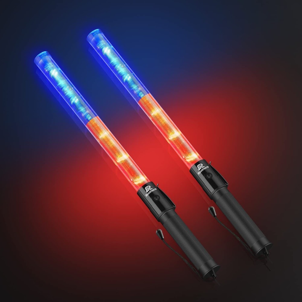 2 Pack 21 Inch LED Traffic Wand with Red & Blue Lights for Safety Control