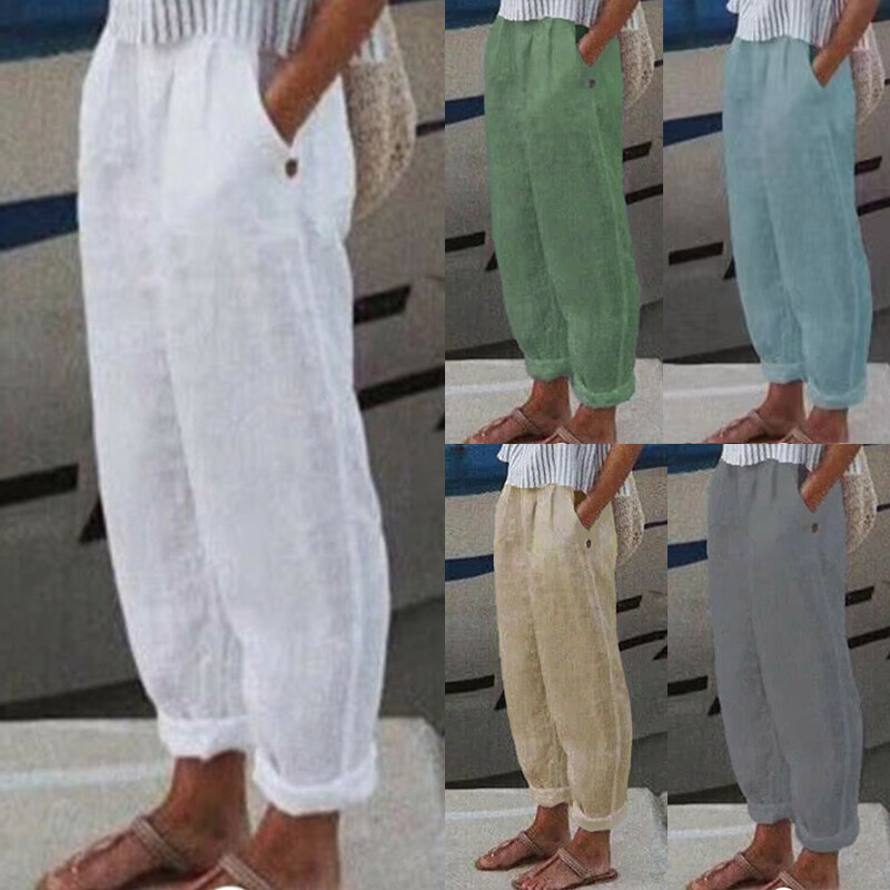 ☆Plus Size Ladies Cotton Linen Casual Long Pants Womens Solid Straight Trousers