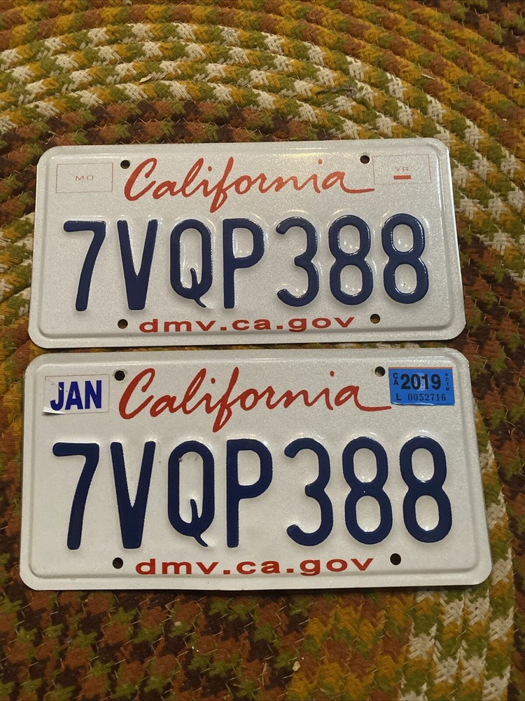 Set California License Plate 7VQP388 Pair Matching 2 Red White & Blue DMV CA GOV