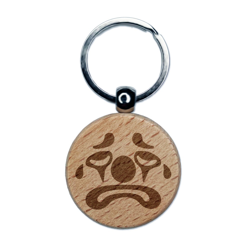 Sad Clown Face Engraved Wood Round Keychain Tag Charm