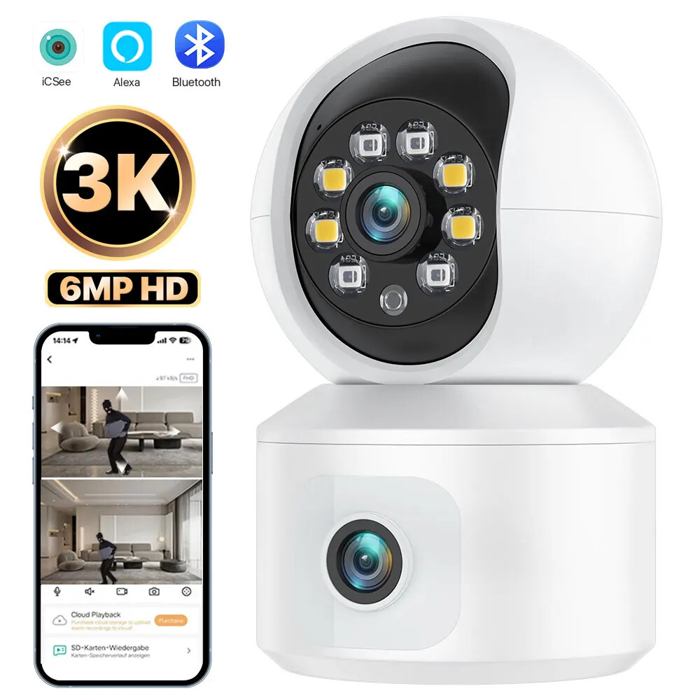 6MP WiFi IP Camera Dual Lens Dual Screen Monitor Home Camera PTZ Auto Tracking