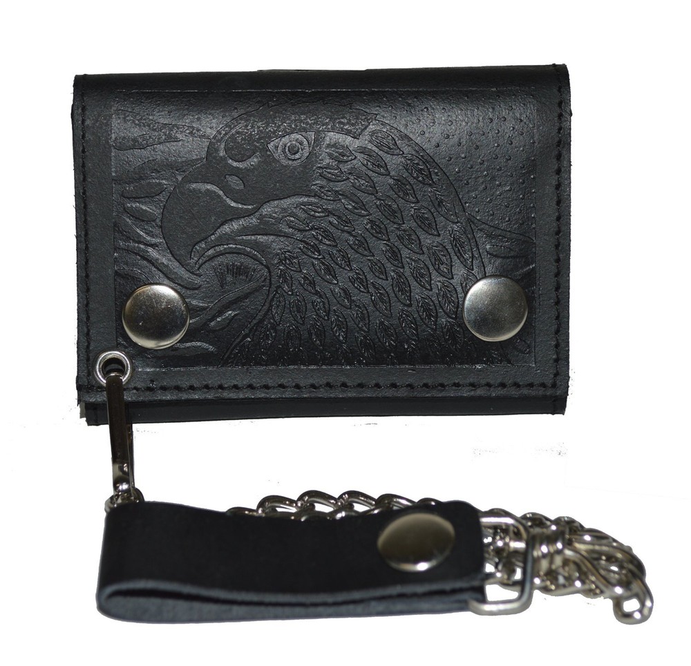 BLACK GENUINE LEATHER Trifold Biker's Eagle Wallet ID Card Holder With Chain