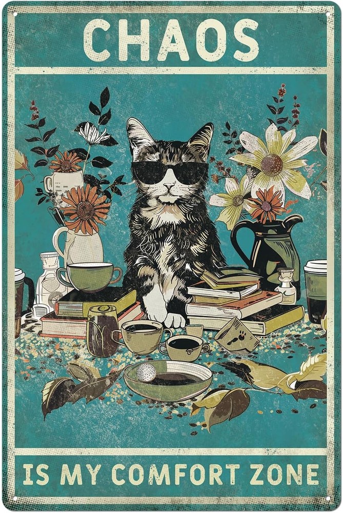 Vintage Green Cat Lover Metal Tin Sign 8x12 Inch Funny Wall Decor