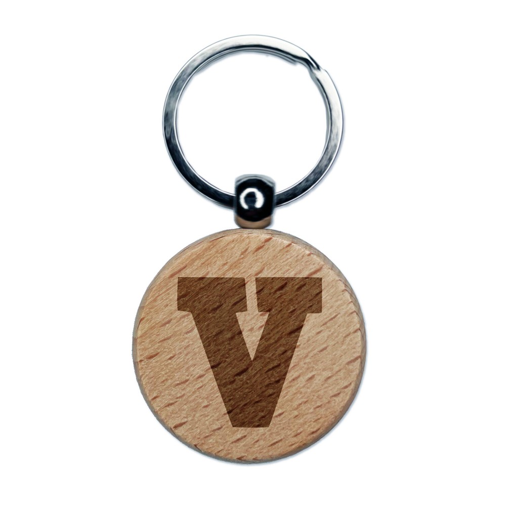 Letter V Uppercase Fun Bold Font Engraved Wood Round Keychain Tag Charm