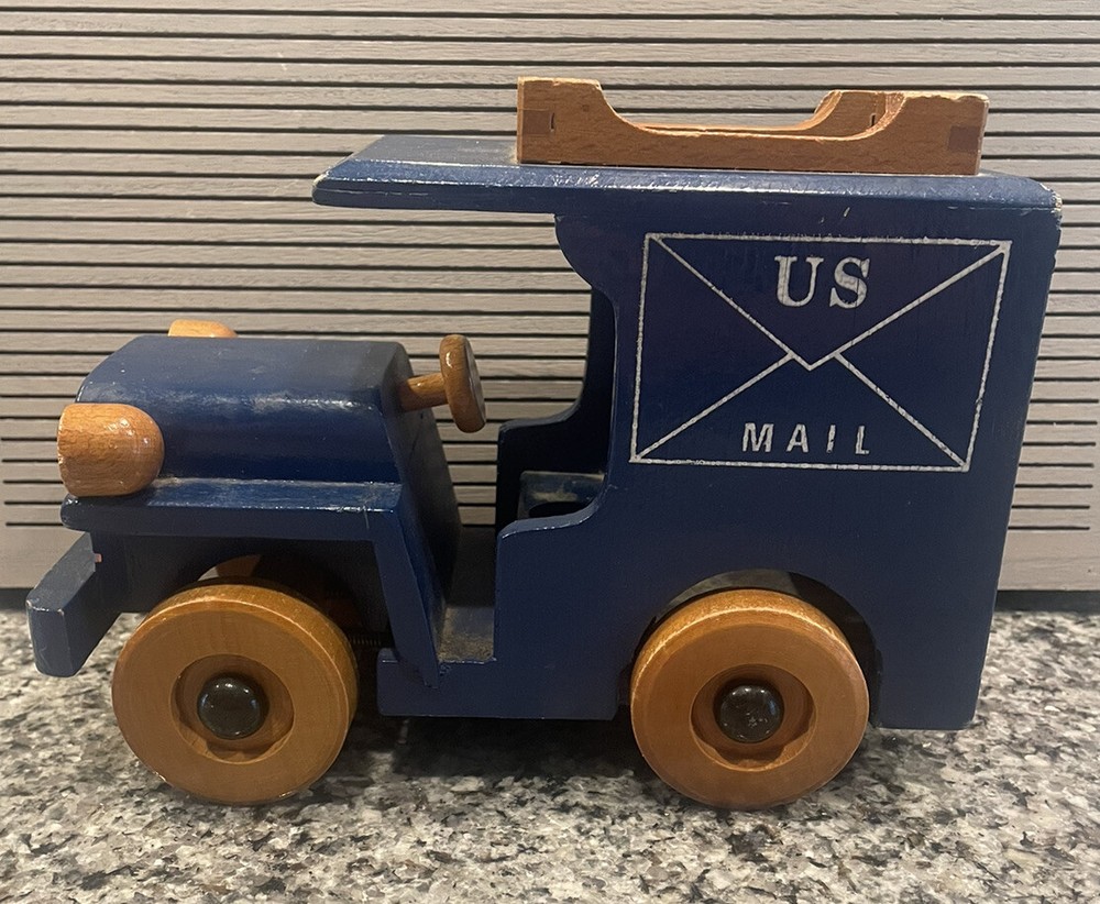 Vintage Wooden Navy Blue Toy US Mail Truck Made In Romania