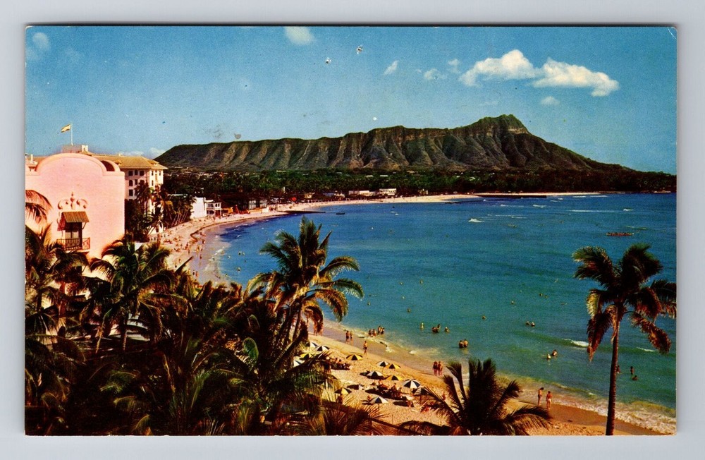 Waikiki Beach HI-Hawaii, Panoramic View, Diamond Head, Vintage c1962 Postcard
