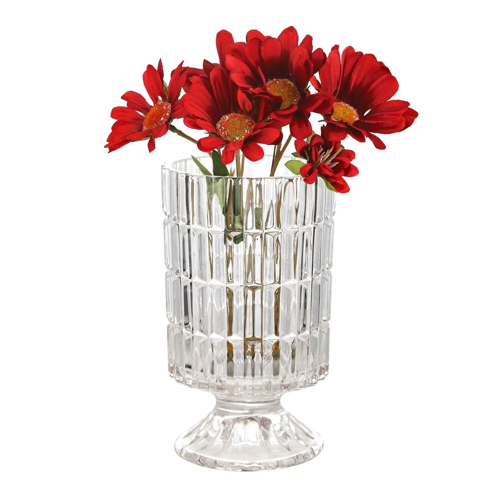Pedestal Base Glass Vase Wide Mouth vases for Flowers, Embossed Flower Vase D...