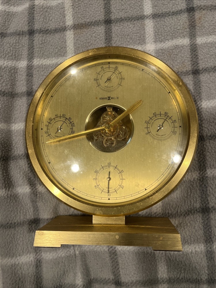 Vintage HOWARD MILLER Brass Weather Station Barometer Thermometer Gear  Untested