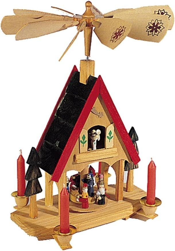 Colorful Wood Alpine House Carousel with 4 Candles - 12-Inch Festive Decor