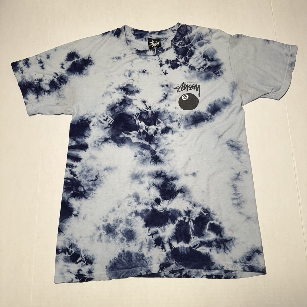 Stussy 8 Ball Tie Dye T-Shirt Mens Small Blue Y2K Rad Skater Street T-Shirt