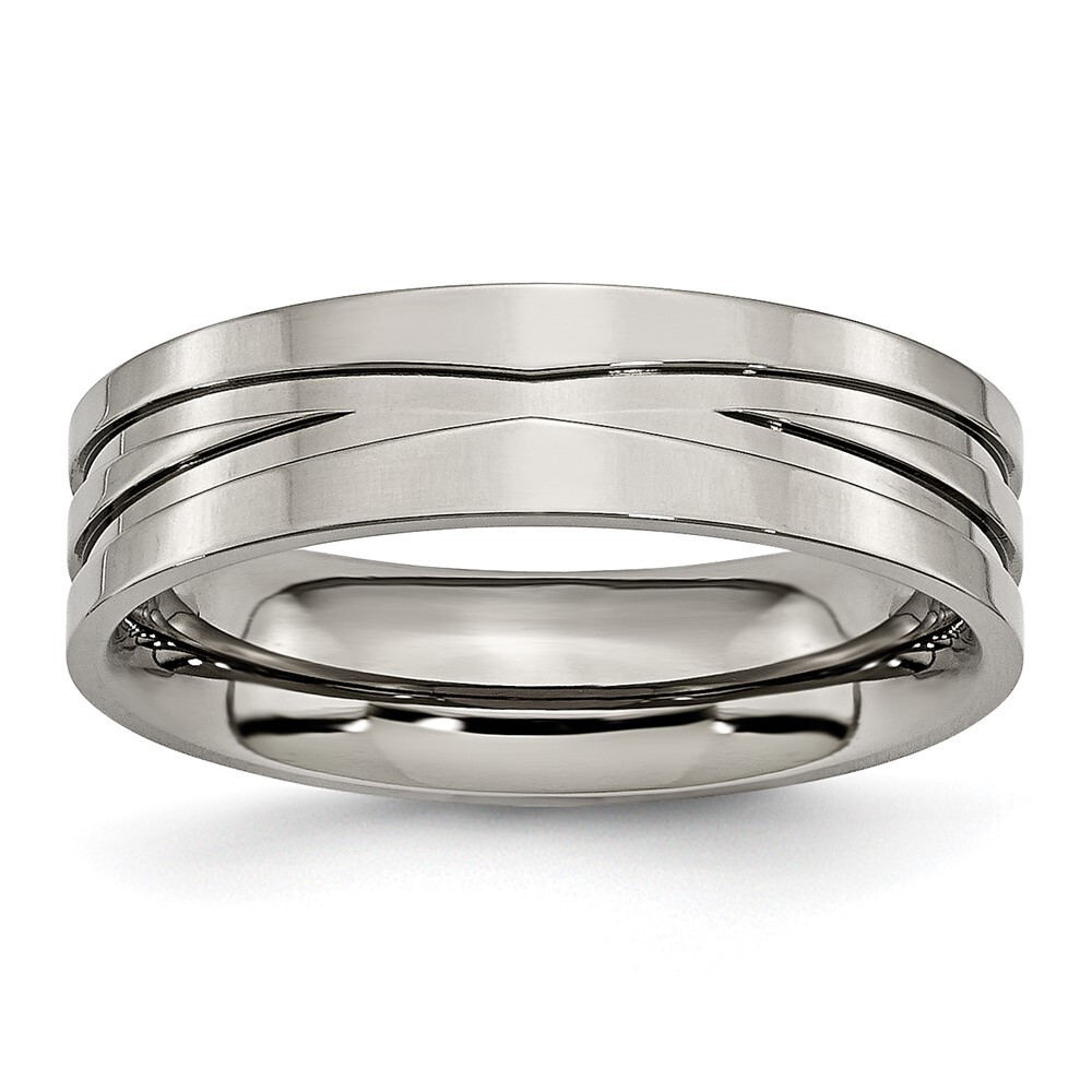 Titanium Polished X-Design 6mm Grooved Flat Band Ring Size 7
