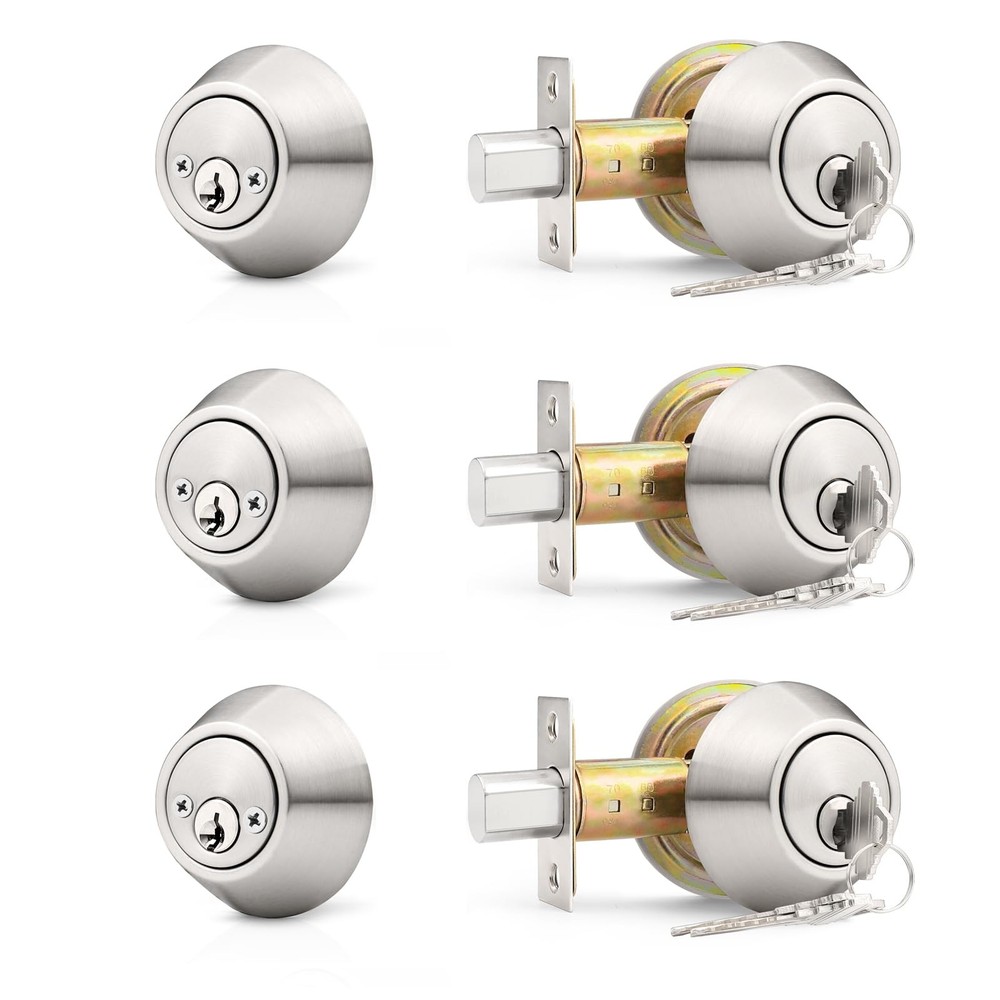 3 Pack Brushed Nickel Double Cylinder Deadbolt Lock Set Keyed Alike