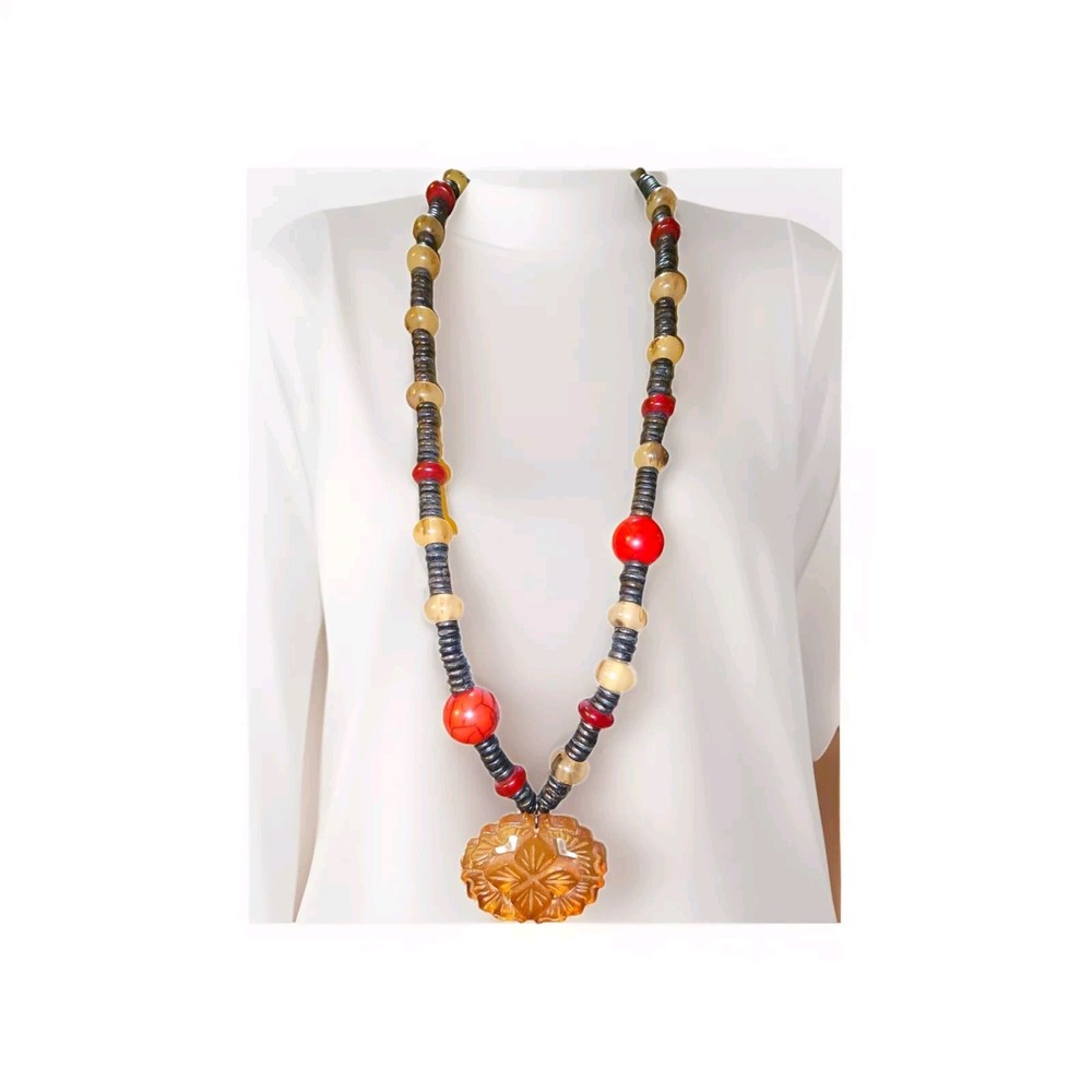 Chicos Multi-Bead Statement Necklace W/Carved Amber Glows Green Pendant 37