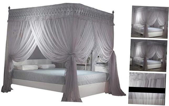 4 Corners Post Canopy Bed Curtains for Girls & Adults- Lace 4 Queen A-gray