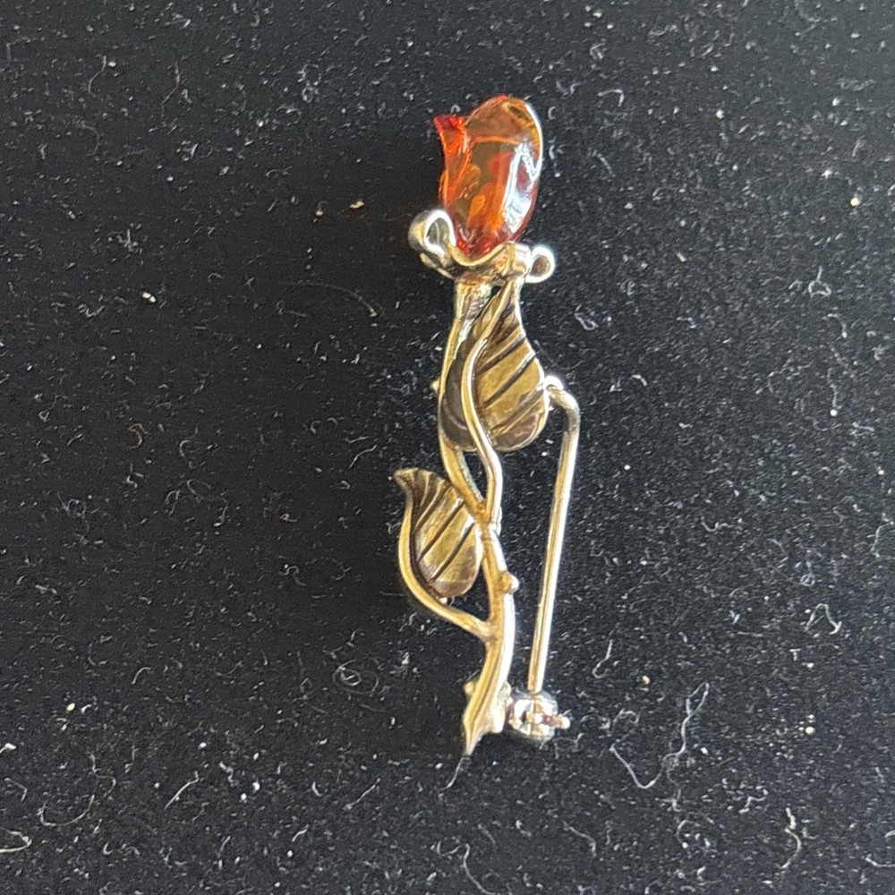Vintage Sterling Silver Baltic Amber Rose Flower Pin Brooch