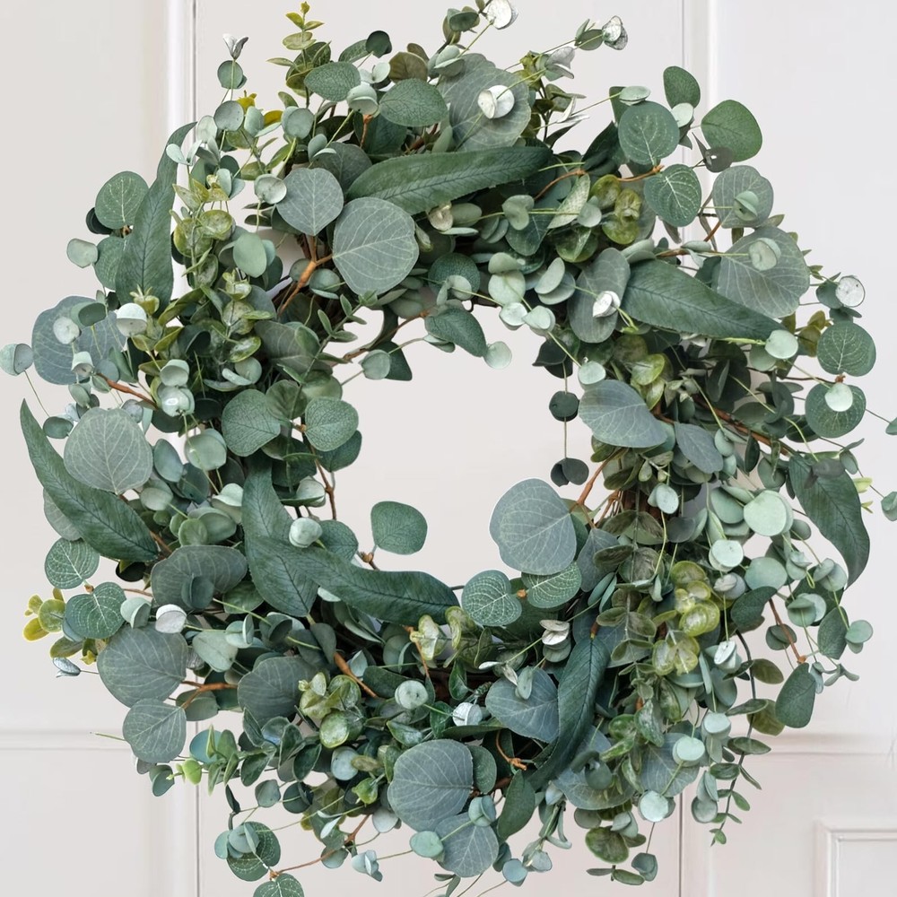 22 Inch Eucalyptus Spring Summer Front Door Wreath with Denim Bow