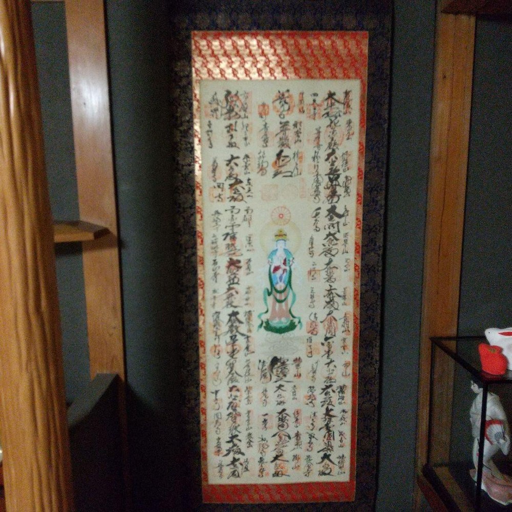 Hanging Scroll Kannon Temple Scene with Box Vintage Fair Condition