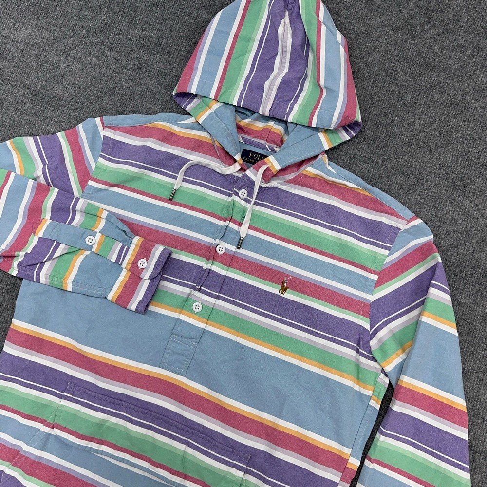 Polo Ralph Lauren Hoodie Mens M Striped Pastel Flesh Pony Pullover Shirt Anorak