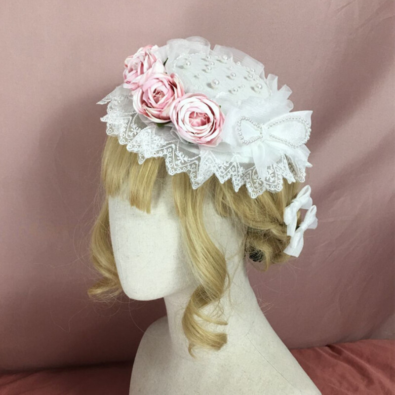 Victorian Retro Lady Lolita Hat with Artificial Flowers and Lace for Fancy Dress