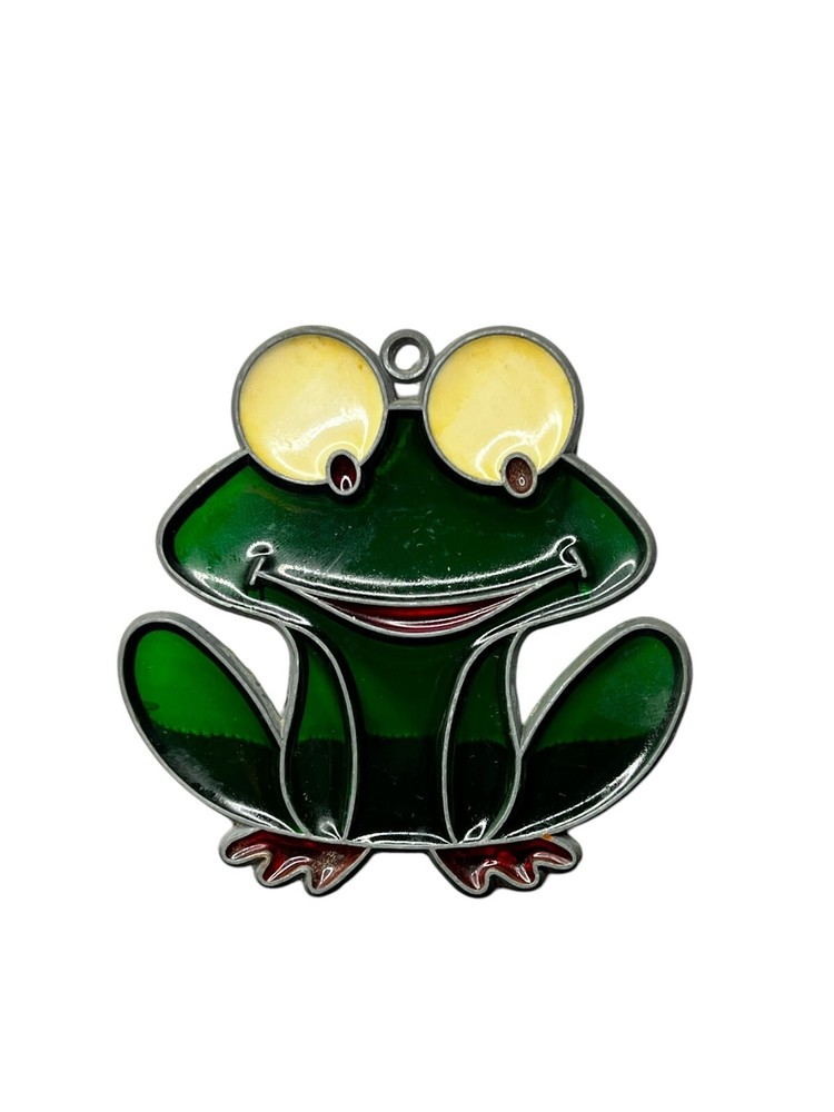 Vintage Faux Stained Glass Happy Frog Suncatcher Kitschy Decor Window Hanging 3”
